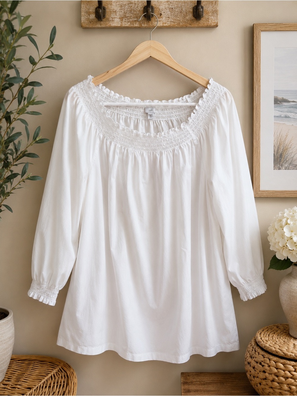 J. Jill White Smocked Neck Peasant Tunic